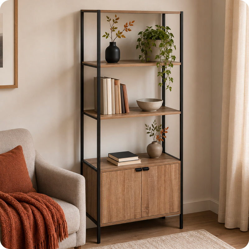 Étagère de bibliothèque 2 niveaux avec meuble bas 68x35x176cm Noir