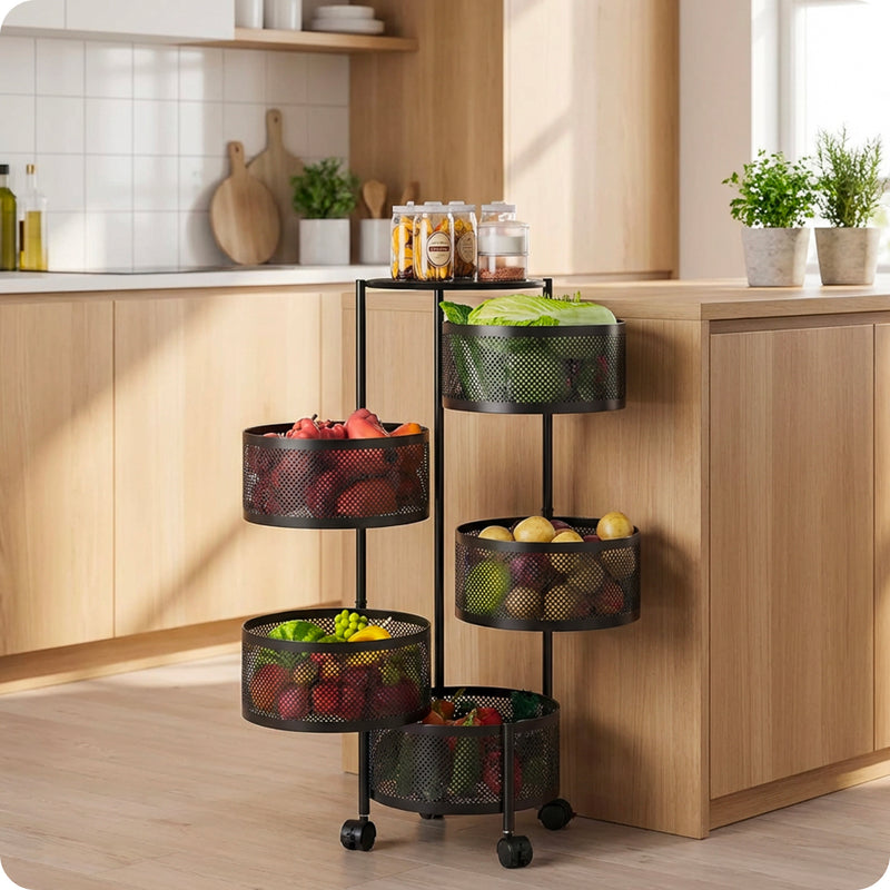 Chariot de rangement pliable peu encombrant avec roulettes - Organisateur avec paniers (3/4/5 niveaux) Noir ou Blanc