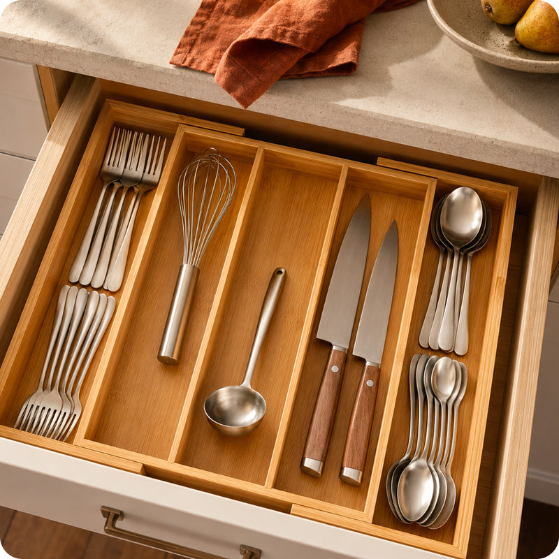 Organisateur de tiroir à couverts en bambou extensible à 5 compartiments, peu encombrant et polyvalent