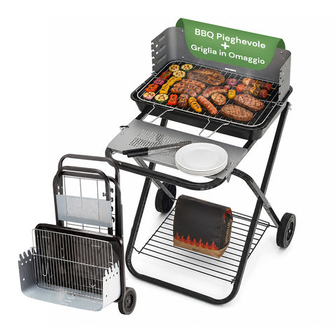 Opvouwbare barbecue van zwart geëmailleerd staal met wielen, 60x80x84 cm