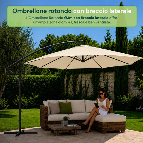 Ronde decentrale tuinparasol Ø3 m met zijarm van staal, zwengel en waterdicht, uv-bestendig polyester van 180 g voor tuin en terras