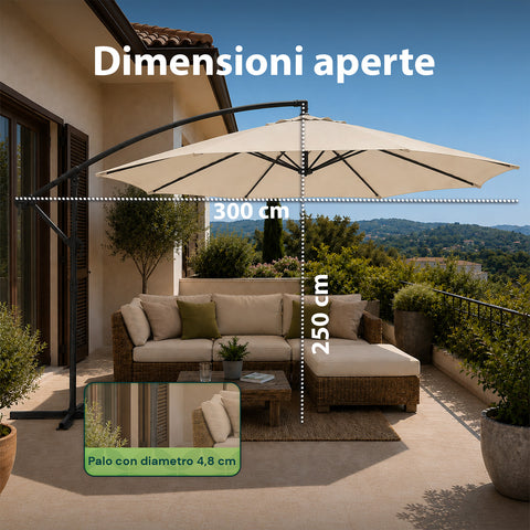 Ronde decentrale tuinparasol Ø3 m met zijarm van staal, zwengel en waterdicht, uv-bestendig polyester van 180 g voor tuin en terras