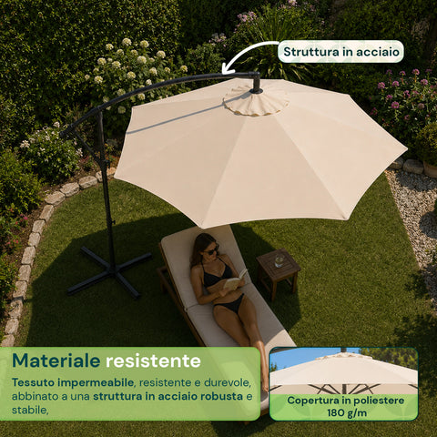 Ronde decentrale tuinparasol Ø3 m met zijarm van staal, zwengel en waterdicht, uv-bestendig polyester van 180 g voor tuin en terras