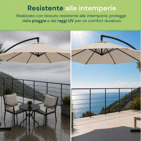 Ronde decentrale tuinparasol Ø3 m met zijarm van staal, zwengel en waterdicht, uv-bestendig polyester van 180 g voor tuin en terras
