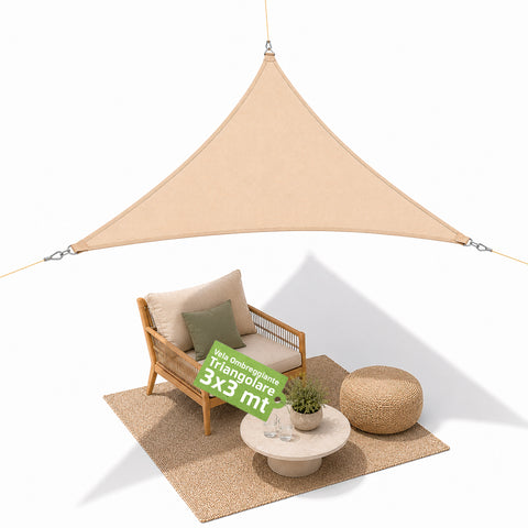 Voile d’ombrage triangulaire beige déperlante avec protection UV pour extérieur