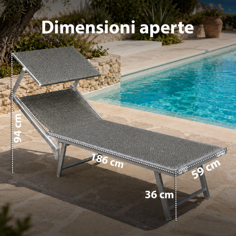Chaise longue pliable en aluminium et textilène avec pare-soleil 360° – Dossier inclinable et capacité de charge de 150 kg