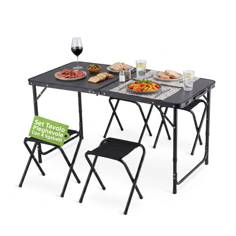 Ensemble table pliante de camping avec 4 tabourets - structure en aluminium légère et robuste - table réglable sur 3 hauteurs - capacité 50kg/100kg - design valise peu encombrant