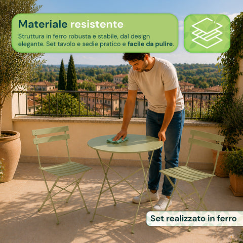 Set Tavolo e 2 Sedie Richiudibili in Ferro da Giardino – Tavolo Rotondo ø 60cm e 2 Sedie Salvaspazio – Portata 150kg/100kg