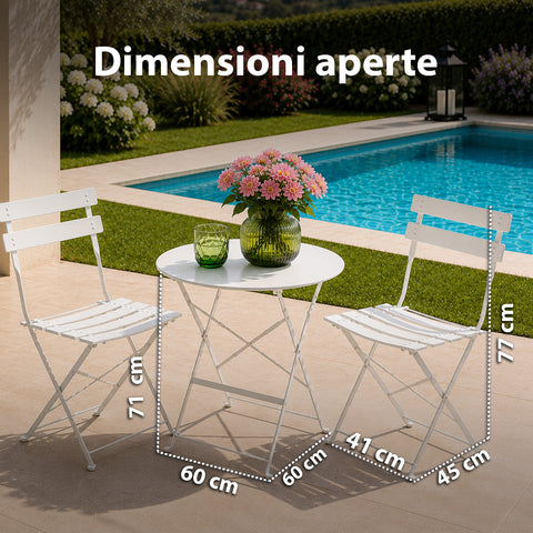 Ensemble Table et 2 Chaises Pliantes en Fer de Jardin – Table Ronde ø 60cm et 2 Chaises Gain de Place – Charge Maximale 150kg/100kg