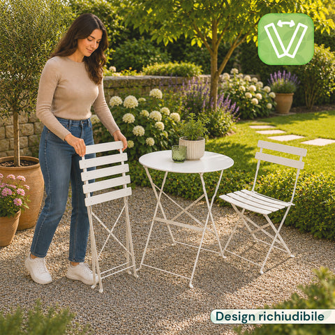 Ensemble Table et 2 Chaises Pliantes en Fer de Jardin – Table Ronde ø 60cm et 2 Chaises Gain de Place – Charge Maximale 150kg/100kg