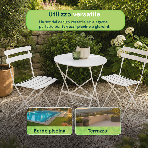 Ensemble Table et 2 Chaises Pliantes en Fer de Jardin – Table Ronde ø 60cm et 2 Chaises Gain de Place – Charge Maximale 150kg/100kg