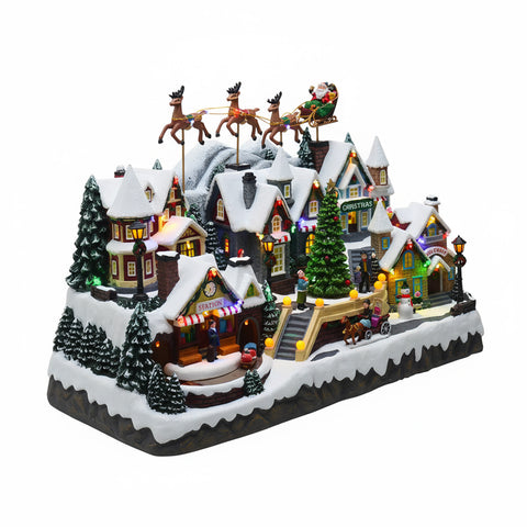 Verlicht kerstdorp met muziek en ledverlichting, slee met rendieren, treintje en draaiende kerstboom, geanimeerde kerstdecoratie 55x32,5x37 cm