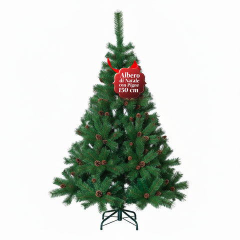 Sapin de Noël vert réaliste avec pommes de pin et base en métal – 150/180/210 cm
