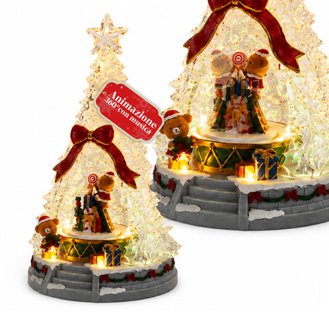 Verlichte kerstboom JoyTree met muziek en 360°-animatie, ledverlichting, tafereel met teddyberen en notenkrakers, dubbele voeding via USB, 32,5 cm