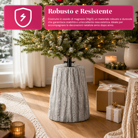 Base pour sapin de Noël en forme de tronc, effet écorce, 2 finitions, dimensions 33,5x52,5 cm, pour sapins jusqu’à 240 cm, fixation universelle