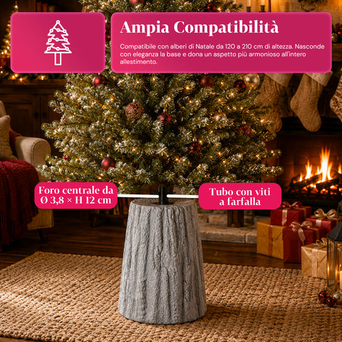 Base pour sapin de Noël en forme de tronc, effet écorce, 2 finitions, dimensions 33,5x52,5 cm, pour sapins jusqu’à 240 cm, fixation universelle