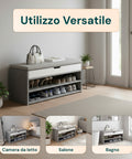 Scarpiera in MDF con Seduta Ribaltabile in Lino Imbottita e 2 Ripiani Salvaspazio