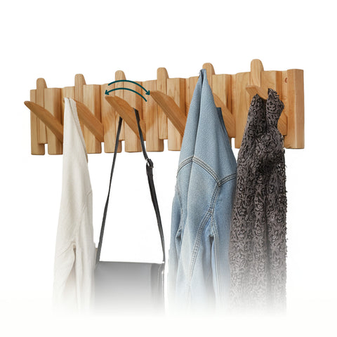 Porte-manteau mural en bois avec 6 crochets rabattables escamotables