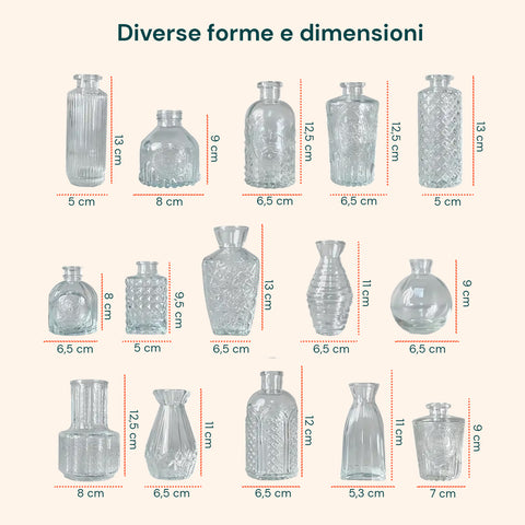 Set 15 Vasetti in Vetro Trasparente per Fiori e Centrotavola Varie Forme e Misure