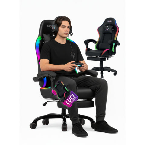 Chaise Gaming Inclinable avec Repose-pieds Escamotable, Coussin Lombaire et Appui-tête