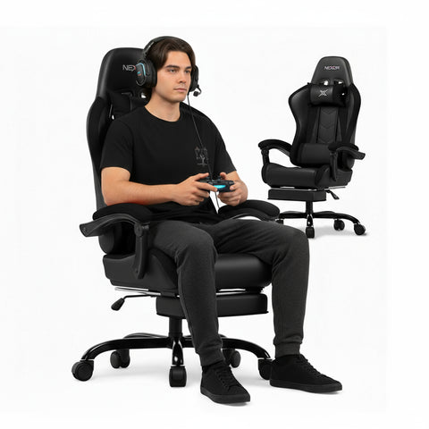 Ergonomische verstelbare gamingstoel met uitschuifbare voetensteun, lendenkussen en hoofdsteun