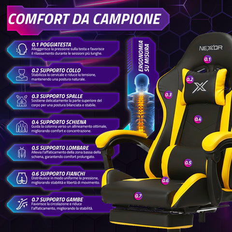 Ergonomische verstelbare gamingstoel met uitschuifbare voetensteun, lendenkussen en hoofdsteun