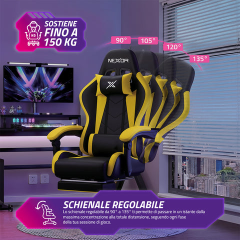 Ergonomische verstelbare gamingstoel met uitschuifbare voetensteun, lendenkussen en hoofdsteun