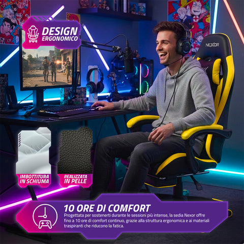 Ergonomische verstelbare gamingstoel met uitschuifbare voetensteun, lendenkussen en hoofdsteun