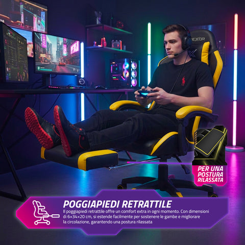 Ergonomische verstelbare gamingstoel met uitschuifbare voetensteun, lendenkussen en hoofdsteun