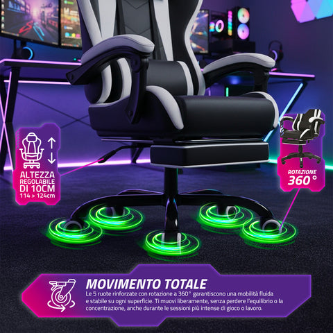 Ergonomische verstelbare gamingstoel met uitschuifbare voetensteun, lendenkussen en hoofdsteun