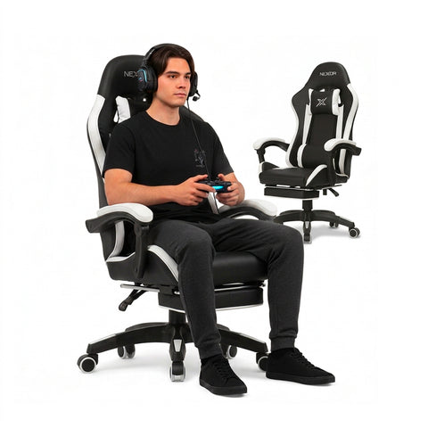 Ergonomische verstelbare gamingstoel met uitschuifbare voetensteun, lendenkussen en hoofdsteun