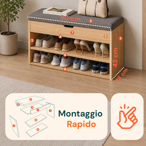 Meuble à chaussures en MDF avec siège rabattable en lin rembourré et 2 étagères peu encombrantes