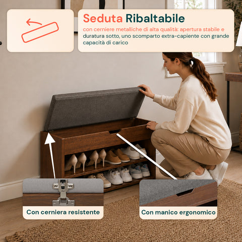 Meuble à chaussures en MDF avec siège rabattable en lin rembourré et 2 étagères peu encombrantes