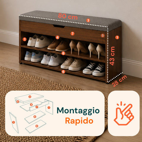 Meuble à chaussures en MDF avec siège rabattable en lin rembourré et 2 étagères peu encombrantes