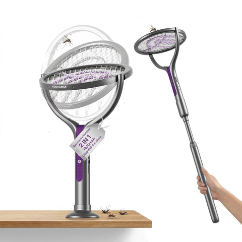 Elektrische 2-in-1-muggenmepper – uitschuifbare telescopische handgreep van 79-106 cm en 90° draaibare kop – 4000 V-rooster met 5 lagen, 365 nm uv-licht en 1800 mAh USB-C-accu – insectenverdelger voor plafond