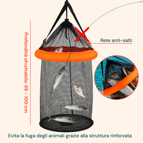 Filet de Pêche Portable 75 cm en PP Résistant avec Système Anti-Évasion