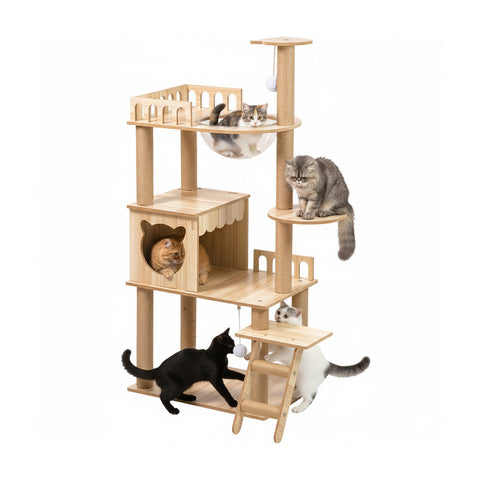 Arbre à chat multilivellle avec niche et hamac, H135 cm