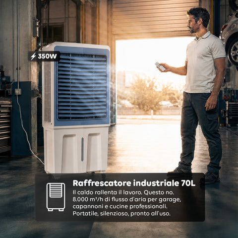 Raffrescatore Evaporativo Industriale Portatile 70 Litri 350W con Telecomando e Timer - Funzione Condizionatore Ventilatore 3 Velocità e Oscillazione