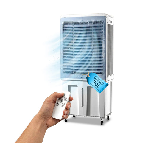 Rafraîchisseur d'air évaporatif industriel portable 70 litres 350W avec télécommande et minuterie - fonction climatiseur, ventilateur à 3 vitesses et oscillation
