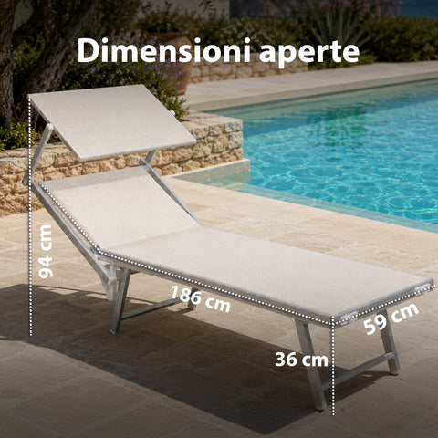 Chaise longue pliable en aluminium et textilène avec pare-soleil 360° – Dossier inclinable et capacité de charge de 150 kg