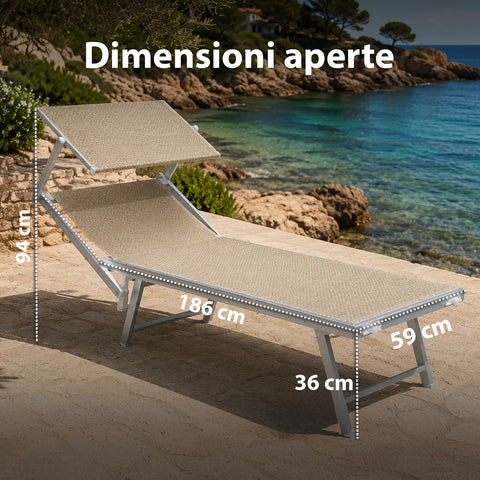 Chaise longue pliable en aluminium et textilène avec pare-soleil 360° – Dossier inclinable et capacité de charge de 150 kg