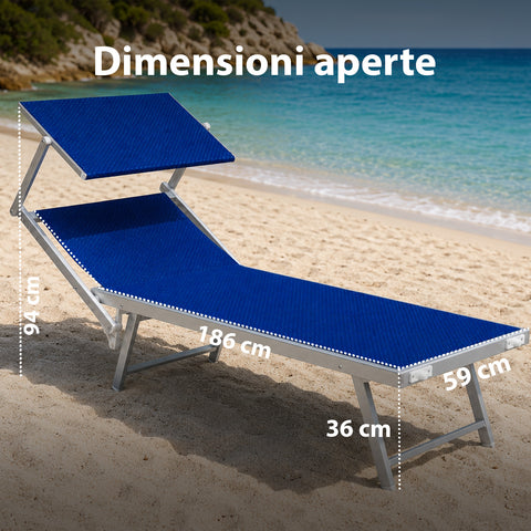 Chaise longue pliable en aluminium et textilène avec pare-soleil 360° – Dossier inclinable et capacité de charge de 150 kg