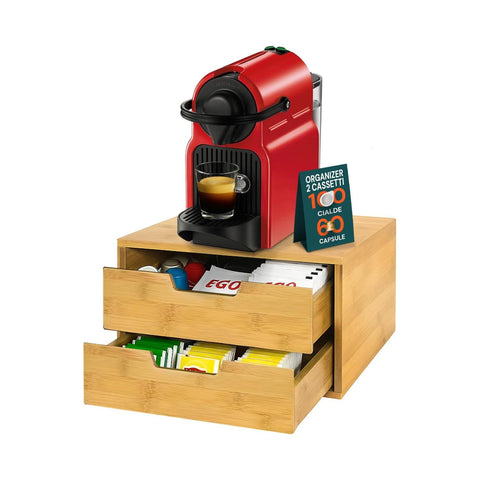 Porte-capsules/dosettes de café en bambou avec 2 tiroirs polyvalents gain de place