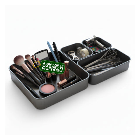 Set van 4 stapelbare multifunctionele organizers van ABS in 3 verschillende formaten