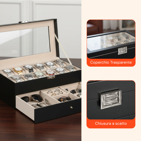 Organizer Porta Orologi e Gioielli in Pelle Nera con Coperchio in Vetro