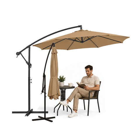 Parasol rond Ø3 m déporté avec bras latéral en acier, manivelle, polyester 180 g imperméable et résistant aux UV pour jardin et terrasse