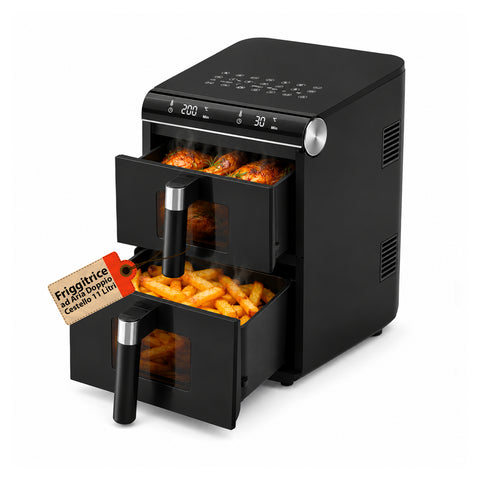 Friteuse à air chaud de 11 litres à double panier, 2800 W, avec 13 programmes, commande tactile et accessoires