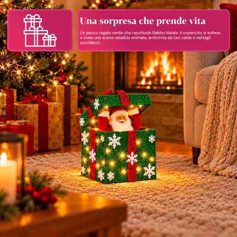 Coffret cadeau lumineux avec Père Noël musical et animé H30 cm