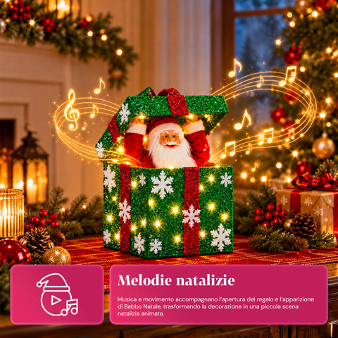 Coffret cadeau lumineux avec Père Noël musical et animé H30 cm