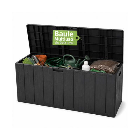 Coffre de rangement multi-usage de 270 litres en résine effet bois - Utilisation intérieure et extérieure avec assise
